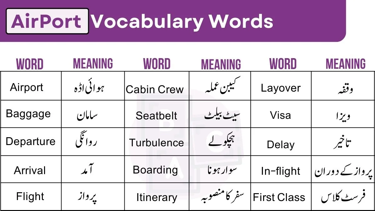 image showing Airport Vocabulary Words with urdu