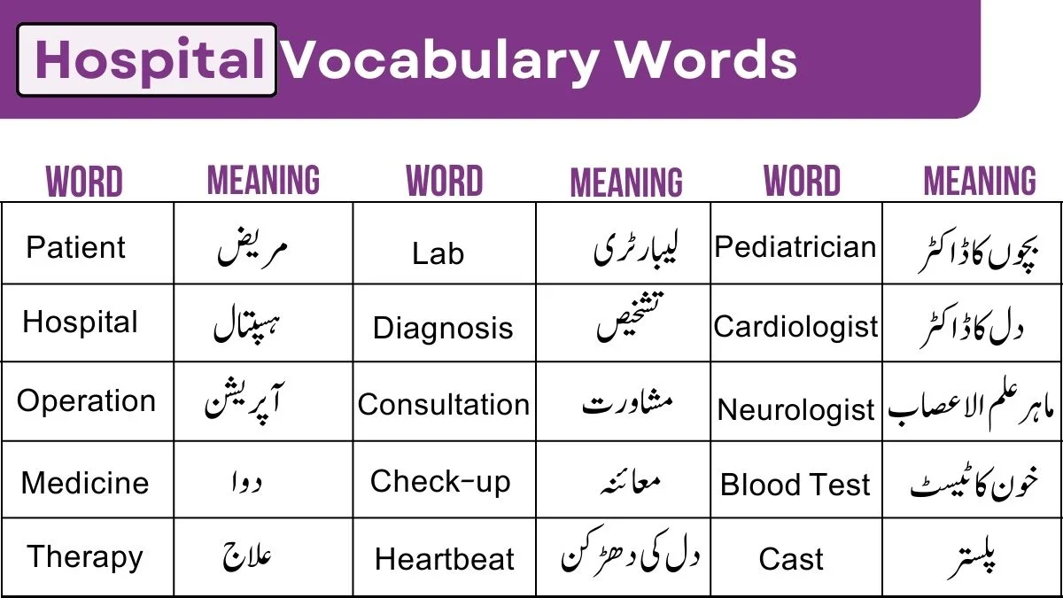 image showing Hospital Vocabulary Words with urdu meaning