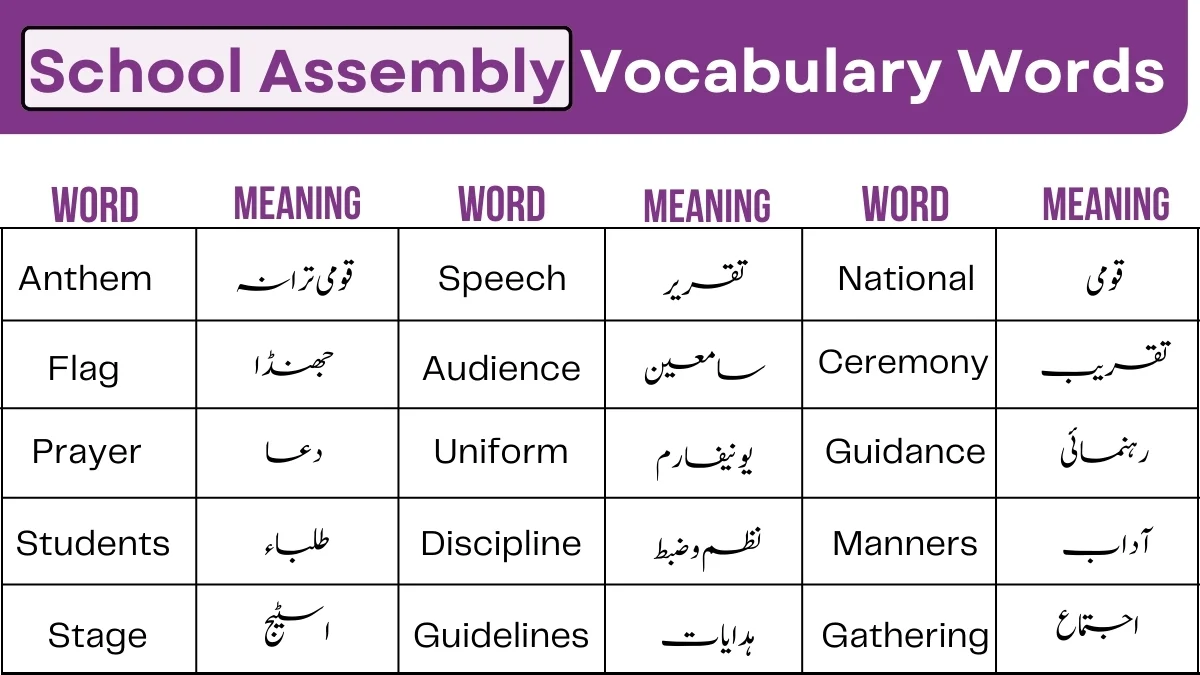 image showing School Assembly Vocabulary Words with Urdu meaning